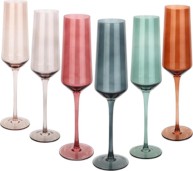 Colored Champagne Flutes Set of 6, Large 8 Oz Hand Blown Crystal Glasses, Lead-Free Colorful Glasses, Italian Style Tall Stemmed Glassware-Elegant Gift Box for Wedding, Party, Holidays, Birthdays