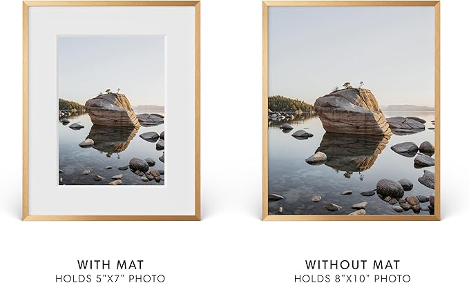 HAUS AND HUES 8x10 Picture Frame with Real Glass & Brass Premium-Grade Metal Matted to 5x7 - Aluminum 8x10 Frame - Includes Easel Back, Hanging Kit - Ideal for Home, Office (8x10 in, Brass)