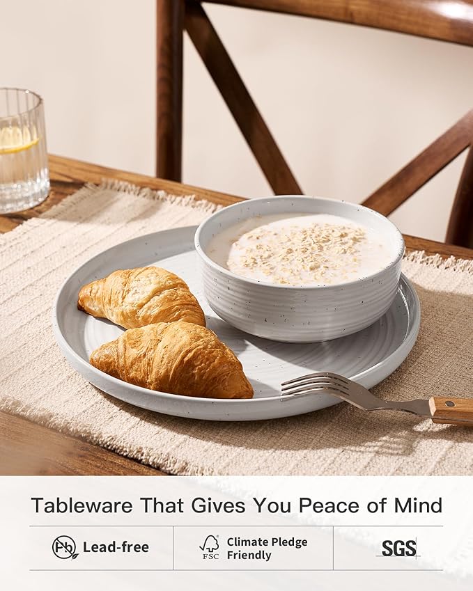 Stoneware Dinnerware Sets, Plate and Bowl Sets for 4, 12 Pieces Spiral Flared Dishware with Speckles and Reactive Glaze, Microwave Dishwasher Safe Family Tableware, White