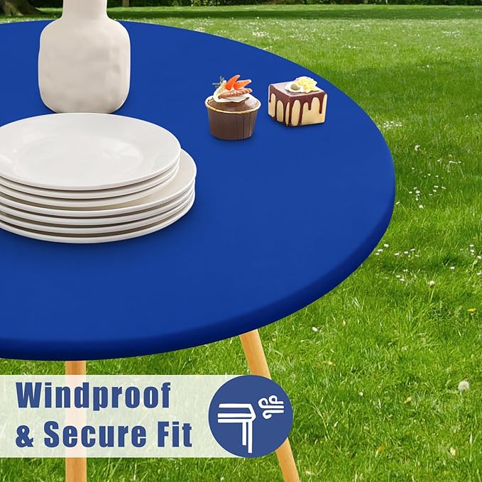 Round Spandex Tablecloth, Elastic Fitted Waterproof Tablecloths for 31"-35" Tables, Stretch Washable Picnic Table Cover for Camping, Dining, Indoor and Outdoor, Blue