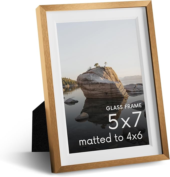 HAUS AND HUES 5x7 Picture Frame with Real Glass & Brass Premium-Grade Metal Matted to 4x6 - Aluminum 5x7 Picture Frame - Includes Easel Back, Hanging Kit - Ideal for Home, Office (5x7 in, Brass)