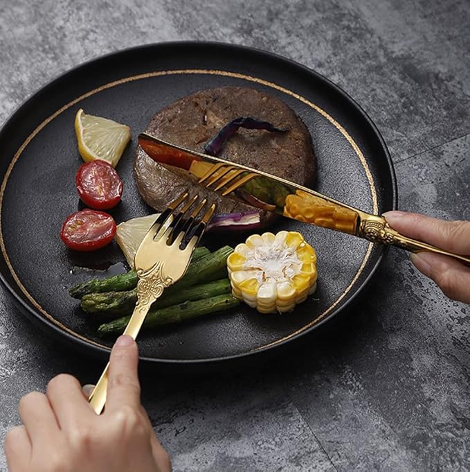 Gold Silverware Set for 6 Durable 18/10 Stainless Steel Flatware Set Palace Style Modern Cutlery Utensils Set 24 Piece Include Knives Forks and Spoons Tableware Set for Home Kitchen Restaurant