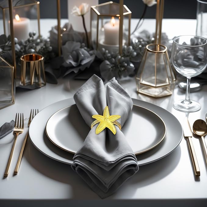 Decozen Set of 12 Gold Napkin Rings in Star Fish Design, Festive, Table Decor Setting for Holiday, Wedding, Birthday, Kitchen, Home Decor, Housewarming Gift - Mothers Day Decorations