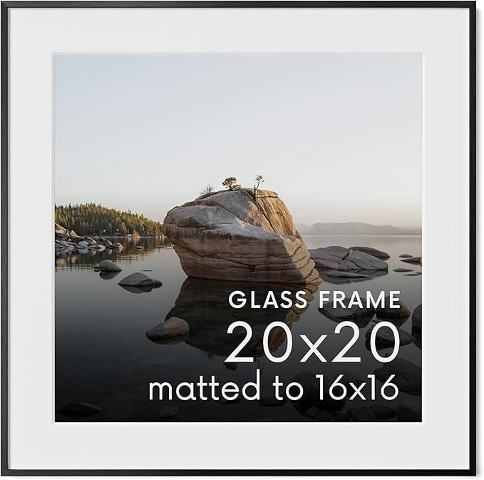 HAUS AND HUES 20x20 Picture Frame with Real Glass & Black Premium-Grade Metal Matted to 16x16 - Aluminum 20x20 Frame - Includes Hanging Kit - Ideal for Home, Office (20x20 in, Black)