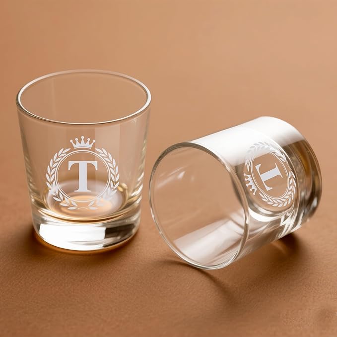 Whiskey Glasses - Rocks Old Fashioned Glass Gifts for Men, Monogrammed A-Z 10oz Personalized Whisky Glasses, Christmas Birthday Gifts for Men Him Dad Father Husband Brother Son (T)