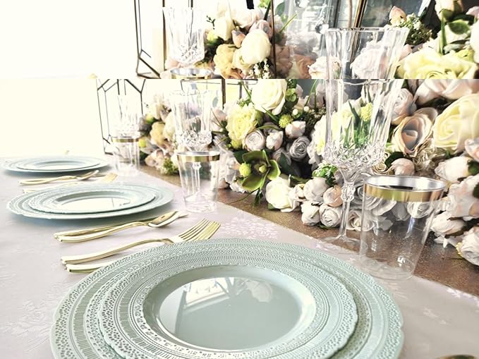" OCCASIONS " 320pcs set (40 Guests) Extra Heavyweight Vintage Wedding Disposable/Reusable Plastic Plates -40x11'' + 40x8.25''+Silverware+Cups+Napkins (Chateau in Mint)