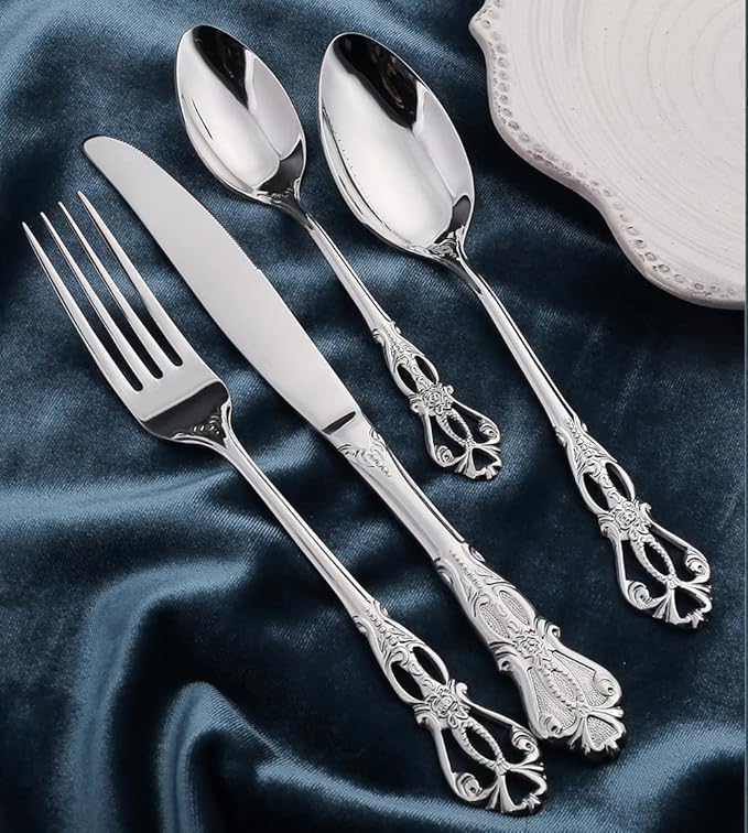 Silverware Set for 10 Stainless Steel Flatware Set Palace Style Hollow Relief Decoration 40 Piece Cutlery Utensils Include Knives Forks and Spoons Tableware Set for Home Kitchen Restaurant Party
