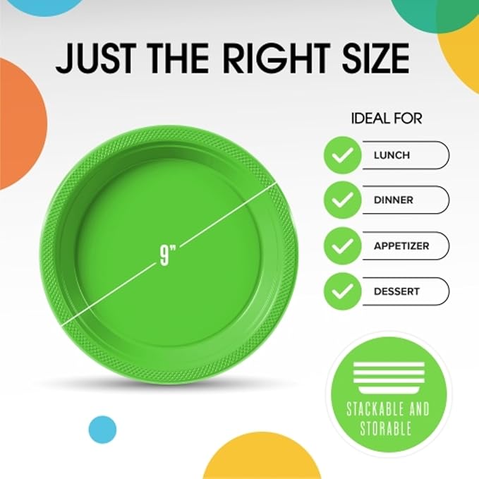 Lime Green Plastic Plates For Party 9" Lime Green Disposable Plates Heavy Duty 100 Pcs Plastic Dinnerware Sets Heavy Duty 350 GSM Disposable Dinnerware Set