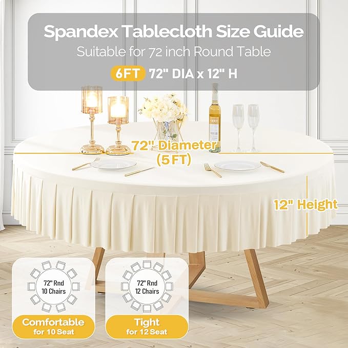 2 Pack Ivory Spandex Round Tablecloths for 72in Table, Stretchy Fitted 6FT Round Table Cloths, Wrinkle Free Table Cover with Skirt for Wedding Birthday Party Bridal Shower Banquet