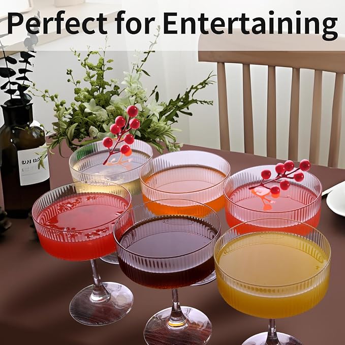 11oz Large Vintage Coupe Glasses Set of 6,Ribbed Cocktail Glasses,Classic Espresso Martini Glasses,Margarita and Champagne Glasses for Bar,Wine,Dessert,Cocktail Glassware Gift Set