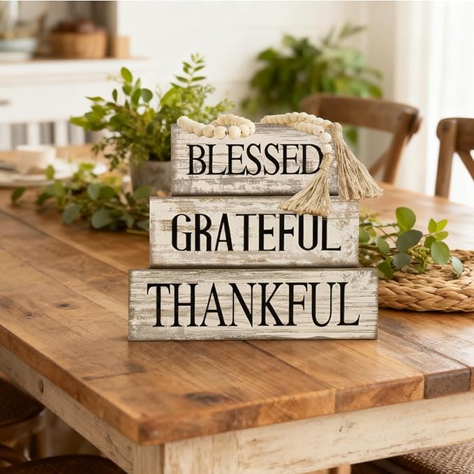 4 Pcs Farmhouse Wooden Tabletop Decor Farmhouse Tiered Tray Decor Rustic Retro Wood Bead Garland Blessed Grateful Thankful Block Sign Neutral Centerpiece Sign for Home Office Shelf Mantle