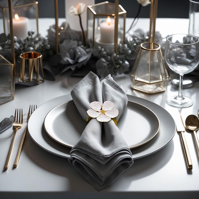 Decozen White Gold Napkin Rings Set of 12 White Gold Napkin Rings in Floral Design Festive Table Decor Setting for Holiday Wedding Birthday Kitchen Home Decor Housewarming Gift