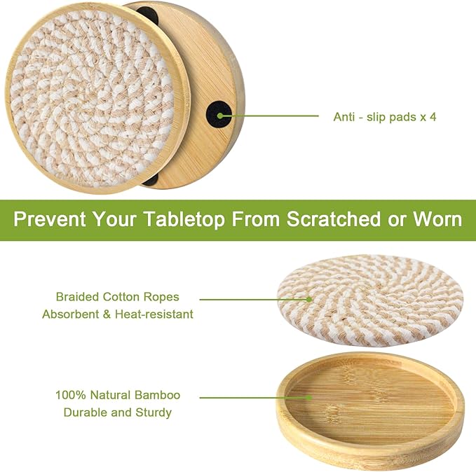 5 Pack Absorbent Coasters for Drinks, 4.3 Inches Cork for Coffee Tables, Wooden Drink Protection, Cute for Kitchen, Farmhouse, Bar, and Office (Light Brown)