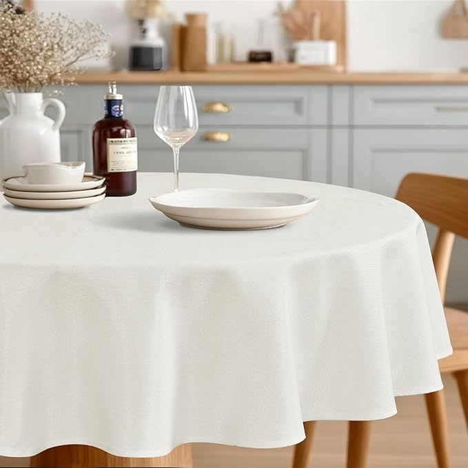 JIUZHEN Round Table Cloth Faux Linen Farmhouse Tablecloth Wrinkle & Stain Resistant Table Cover for Kitchen Dining, Holiday Party Dinner, White, 120 Inch Round
