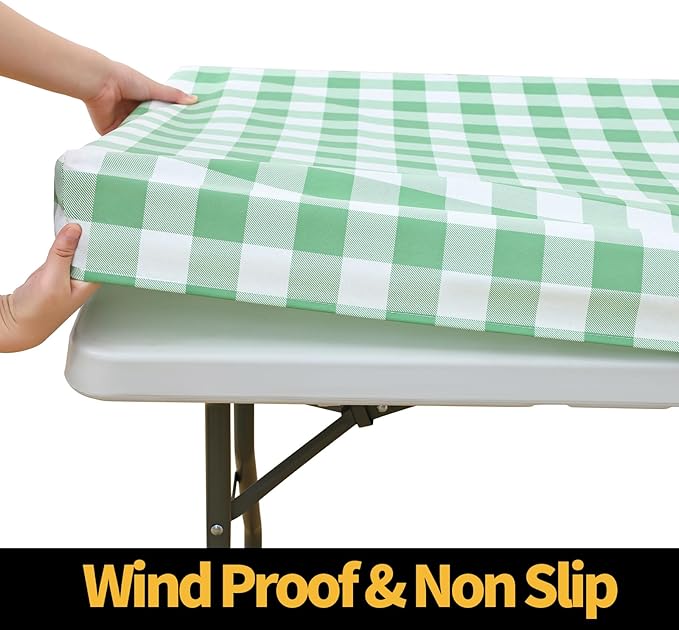 Smiry Rectangle Picnic Table Cloth, Elastic Waterproof Fitted Vinyl Tablecloths, Flannel Backed Buffalo Plaid Table Covers for Dining, Camping, Outdoor (Sage Green and White, 30" x 96")