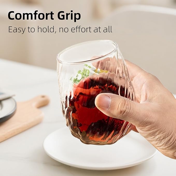 Stemless Wine Glasses Set of 12, 17Oz Red/White Wine Glasses with No Stem, Chiseled Textured Glassware Set for Daily Use, Home Bar, Birthdays, Housewarming Gift, Dishwasher Safe