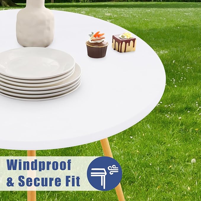 Round Spandex Tablecloth, Elastic Fitted Waterproof Tablecloths for 42"-50" Tables, Stretch Washable Picnic Table Cover for Camping, Dining, Indoor and Outdoor, White