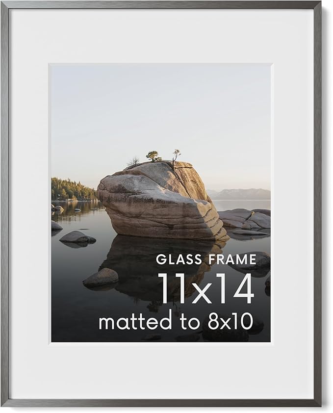 HAUS AND HUES 11x14 Picture Frame with Real Glass & Gray Premium-Grade Metal Matted to 8x10 - Aluminum 11x14 Picture Frame - Includes Hanging Kit - Ideal for Home, Office (11x14 in, Gray)
