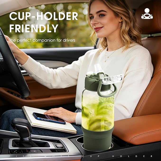 SIEROZUR 32 oz Glass Tumbler with Straw, Glass Water Bottles with 2 Lids-Handle Spout Lid & Straw Lid, 1 Liter Motivational Water Bottles, Silicone Sleeve, Fits Car Cup Holder,Dark Blue