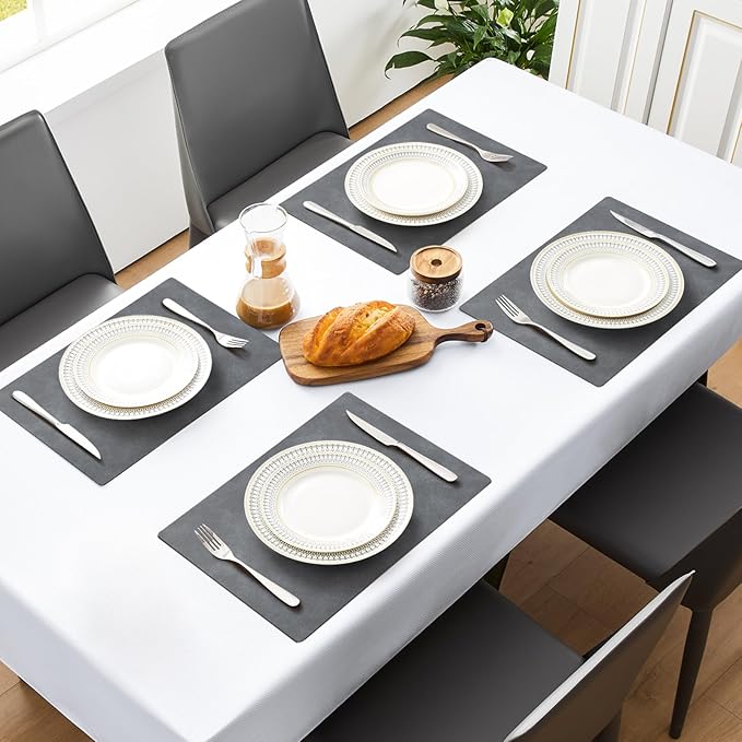MOSAYT Vinyl Placemats Set of 8-12 X 17 Inch - Faux Leather 100% Waterproof Oil-Proof Wipeable PU Place Mats, Heat Resistant Reversible Table Mats for Kitchen, Dining, Outdoor (Grey)