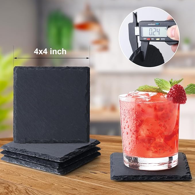Slate Coasters Set of 60,4-Inch Black Square Stone Drink Coasters with Scratch-Resistant Backing,Durable Tabletop Protection for Home Office Kitchen,Ideal Housewarming Wedding Gifts