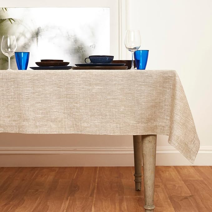 Solino Home Linen Tablecloth 60 x 132 Inch - 100% Pure Linen Champagne Beige Table Cloth for Rectangle Tables - Athena, Machine Washable Tablecloth for Spring, Easter