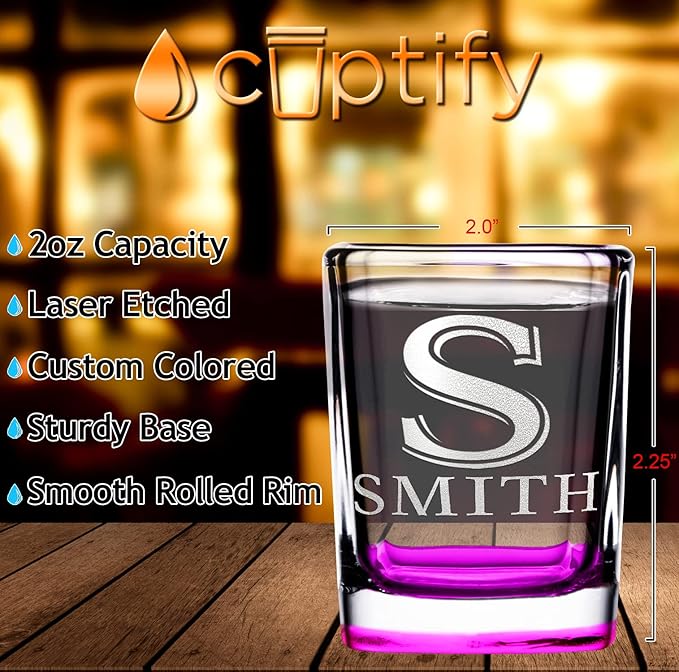 Personalized Square Shot Glasses Set of 10 Pink Bottom 2oz Engraved Initial and Name Custom Gifts, Weddings, Birthdays, Bachelorette Party and Decorations for Women