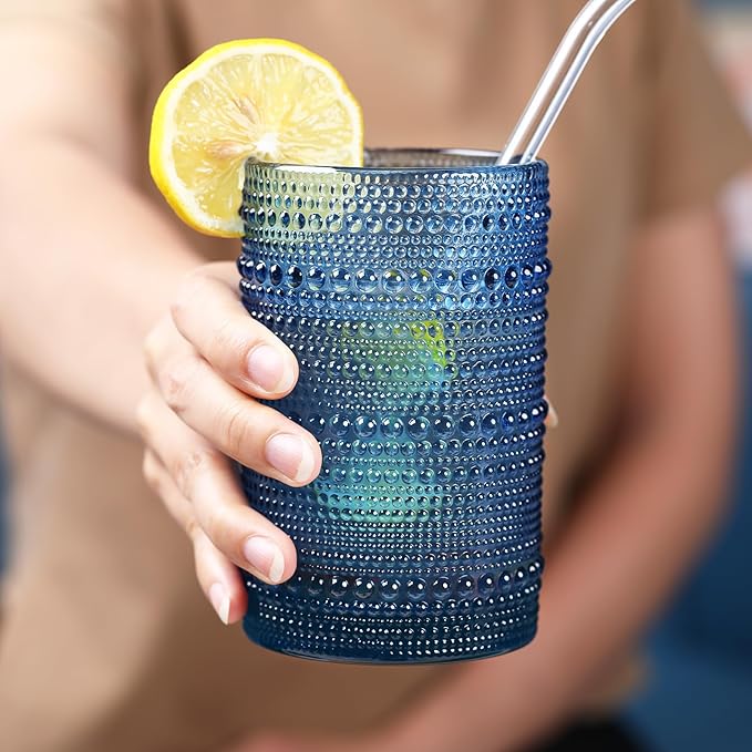 Large Hobnail Drinking Glasses Set of 6,15oz Blue Vintage Glassware,Embossed Glass Cups,Water Tumbler,Highball Glasses For Beer, Juice And Various Mixed Drinks
