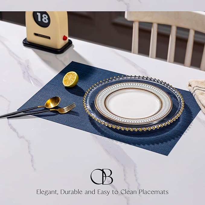 Placemats Set of 4 - Easy Clean Woven Vinyl Placemats for Dining Table, Indoor/Outdoor Place Mats, Washable PVC Table Mats（Navy Blue）