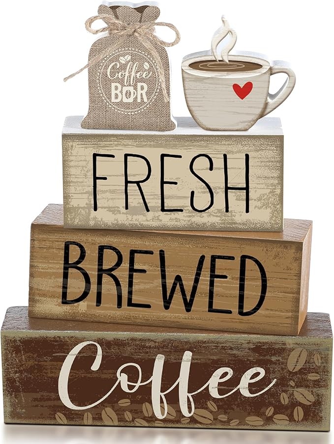5 Pcs Wooden Coffee Bar Decor Cocoa Tiered Tray Decor Rustic Wood Bar Sign Gift Farmhouse Table Top Centerpiece Stacks Block Sign for Home Shelf Mantel Kitchen