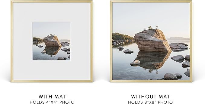 HAUS AND HUES 8x8 Picture Frame with Real Glass & Gold Premium-Grade Metal Matted to 4x4 - Aluminum 8x8 Frame - Includes Easel Back, Hanging Kit - Ideal for Home, Office (8x8 in, Gold)