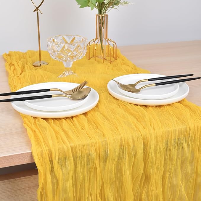 Joanlody Yellow Cheesecloth Table Runner Spring Easter 10Ft Rustic Gauze Boho Cheese Cloth Table Runner for Wedding Bridal Baby Shower Decoration