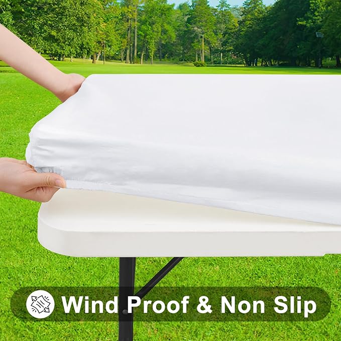 Smiry Rectangle Tablecloth, Elastic Fitted Flannel Backed Vinyl Tablecloths for 8ft Folding Tables, Waterproof Wipeable Table Covers for Indoor, Outdoor, Picnic and Camping (White, 30"x96")