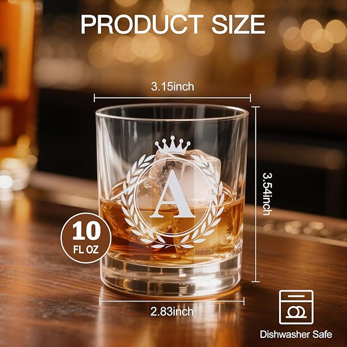 Whiskey Glasses - Rocks Old Fashioned Glass Gifts for Men, Monogrammed A-Z 10oz Personalized Whisky Glasses, Christmas Birthday Gifts for Men Him Dad Father Husband Brother Son (A)