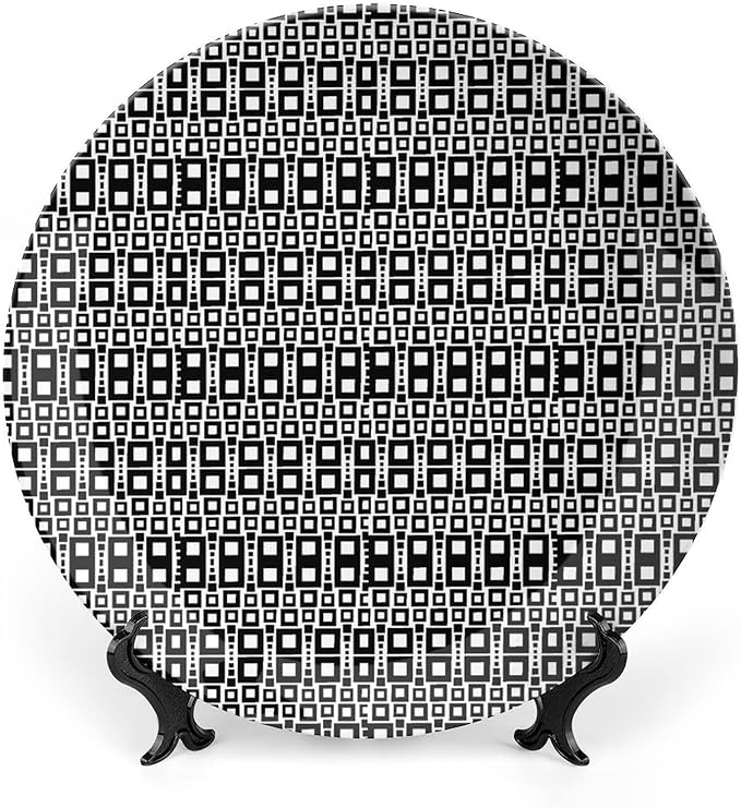 Ceramic Display Plate, Abstract Ceramic Hanging Decorative Plate, Monochrome Squares of Motif Grid Design Geometric, 6 Inch, Household Custom Ceramic Plate, Black White