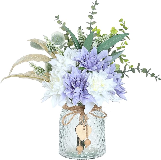 Faux Flowers with Vase,Artificial Silk Flowers in Vase, Fake Plant Eucalyptus and Willow,Flower Arrangement for Home Farmhouse kitchen Dining Table Centerpiece Decorations Table Decor (Dusty Purple)