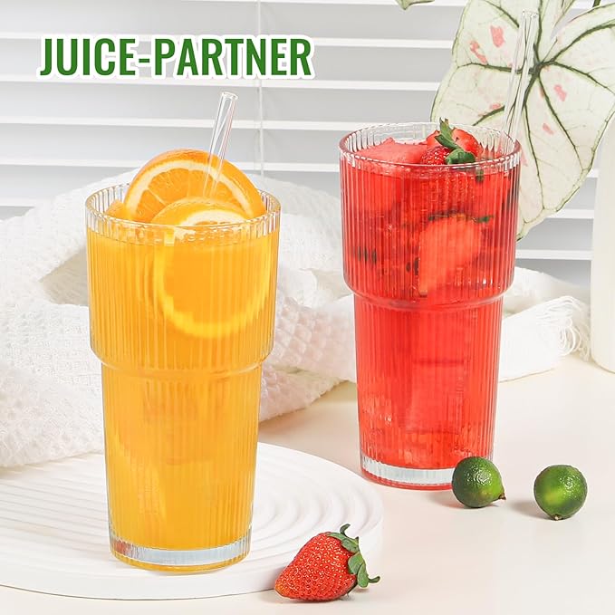 20 Oz Glass Cups and Straw 6 Set, Glass Tumbler with Straw, Vintage Glassware for Whiskey Cocktail Beer, Iced Coffee Cups (6 PACK)
