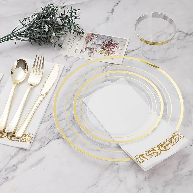BESTVIP 700PCS Clear Gold Disposable Dinnerware Set for 100 Guests, Plastic Plates for Party, Wedding, Christmas, Include: 200 Plastic Plates, 100 Gold Silverware, 100 Cups, 100 Napkins