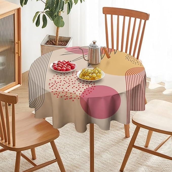 Mid Century Boho Round Tablecloth, Abstract Modern Sun Arch Curve Leaves Geometric Print Tablecloth for Home Party Dining Room Kitchen Decor 60Inch(152cm)