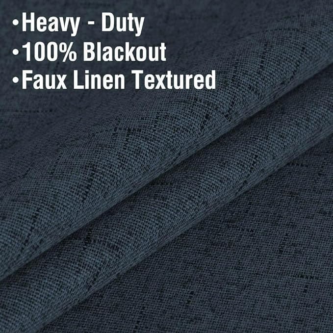 H.VERSAILTEX Primitive Linen Curtains 100% Blackout Curtain Drapes Burlap Fabric Curtains with White Thermal Insulated Liner, Grommet Top Drapes Living Room/Bedroom (2 Panels, 42 x 45 Inch, Navy)