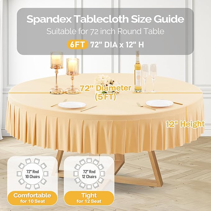 4 Pack Champagne Spandex Round Tablecloths for 72in Table, Stretchy Fitted 6FT Round Table Cloths, Wrinkle Free Table Cover with Skirt for Wedding Birthday Party Bridal Shower Banquet