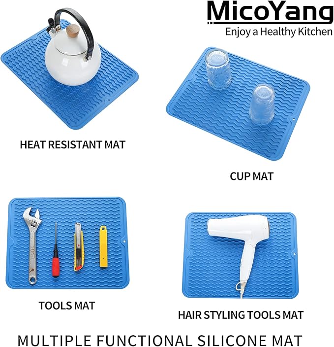 Silicone Dish Drying Mat for Multiple Usage,Easy clean,Eco-friendly,Heat-resistant Silicone Mat for Kitchen Counter or Sink,Refrigerator or Drawer liner Lichen BlueL M 12 inches x 12 inches