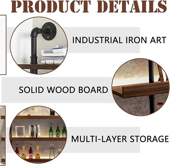 86.6in Large Wine Rack with LED Light Solid Wood Wall Mounted Wine Rack, 3-Tiers Liquor Bottles Floating Shelves Display Storage Organizer for Home Bar & Dining Room (220cm/86.6in)
