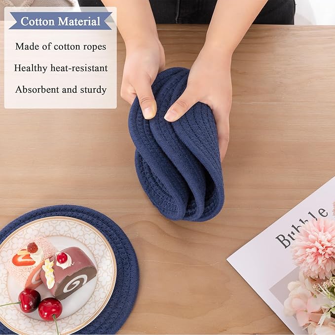 SHACOS 8 Inches Trivets for Hot Dishes, 4 Pieces Cotton Trivets Mats for Kitchen with Storage Basket, Hot Pads for Countertops and Table, Heat-Resistant Pot Holders for Hot Pots and Pans, Navy Blue