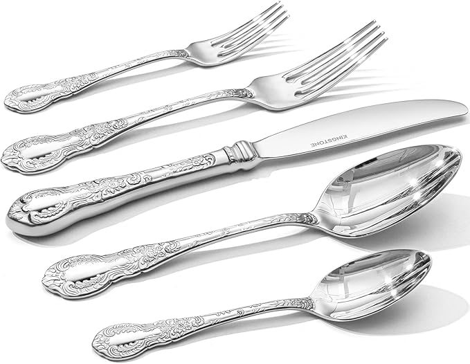 KINGSTONE Vintage Carved Silverware Set, 40-Piece 18/10 Stainless Steel Flatware Cutlery Set with Retro Royal Thick Handle, Tableware Utensils for Home, Restaurant, party, Wedding, Dishwasher Safe