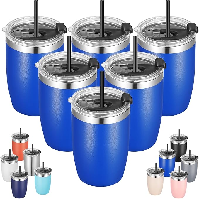 VEGOND Stainless Steel 12 oz Tumblers bulk Vacuum Insulated Double Wall Travel Tumbler with Lid and Straw Reusable Tumbler, Royal Blue 6 pack