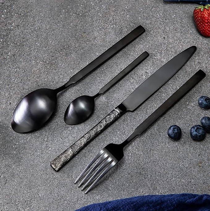 Black Silverware Set for 8 Modern Square Flatware Set Stainless Steel 32 Piece Cutlery Utensils Sets for Home Kitchen Restaurant Mirror Polished