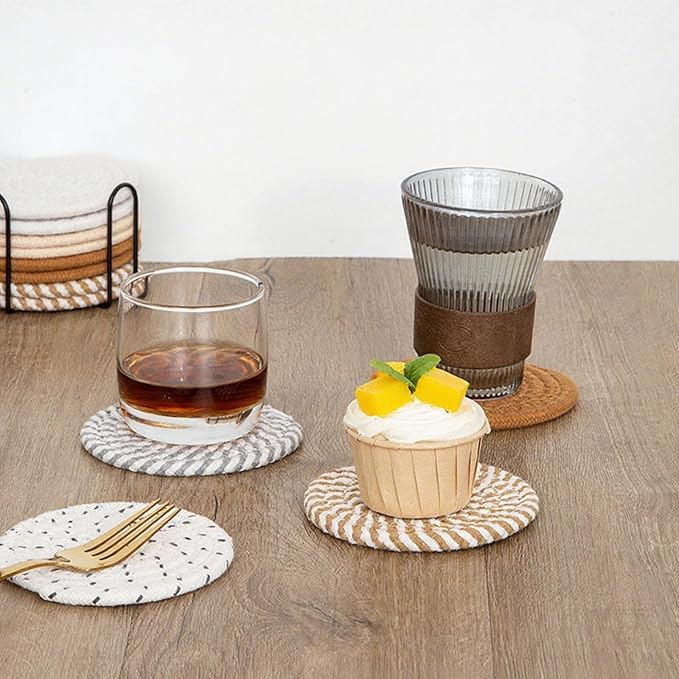 8 Pcs Drink Coasters with Holder, Handwoven Cotton Coasters Set Stackable Absorbent Minimalist Home Decor for Table, Cup, Mug (Thread)
