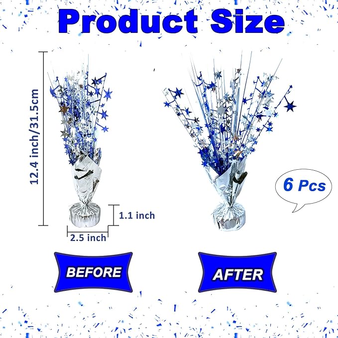 6 Pack Metallic Foil Spray Centerpiece Star Table Decoration Burst Table Centerpieces for Birthday Wedding Anniversary Graduation Holiday Party Supplies Decor, Silver Blue