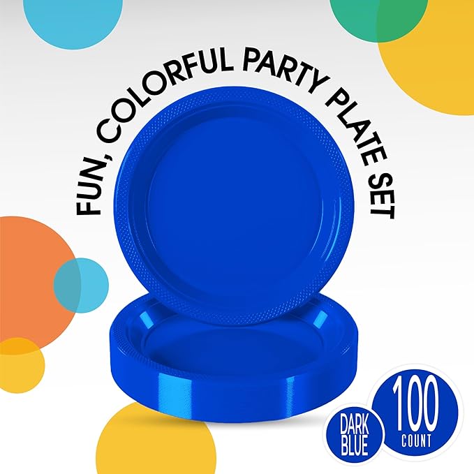 Dark Blue Plastic Plates For Party 7" Dark Blue Disposable Plates Heavy Duty 100 Pcs Plastic Dinnerware Sets Heavy Duty 350 GSM Disposable Dinnerware Set